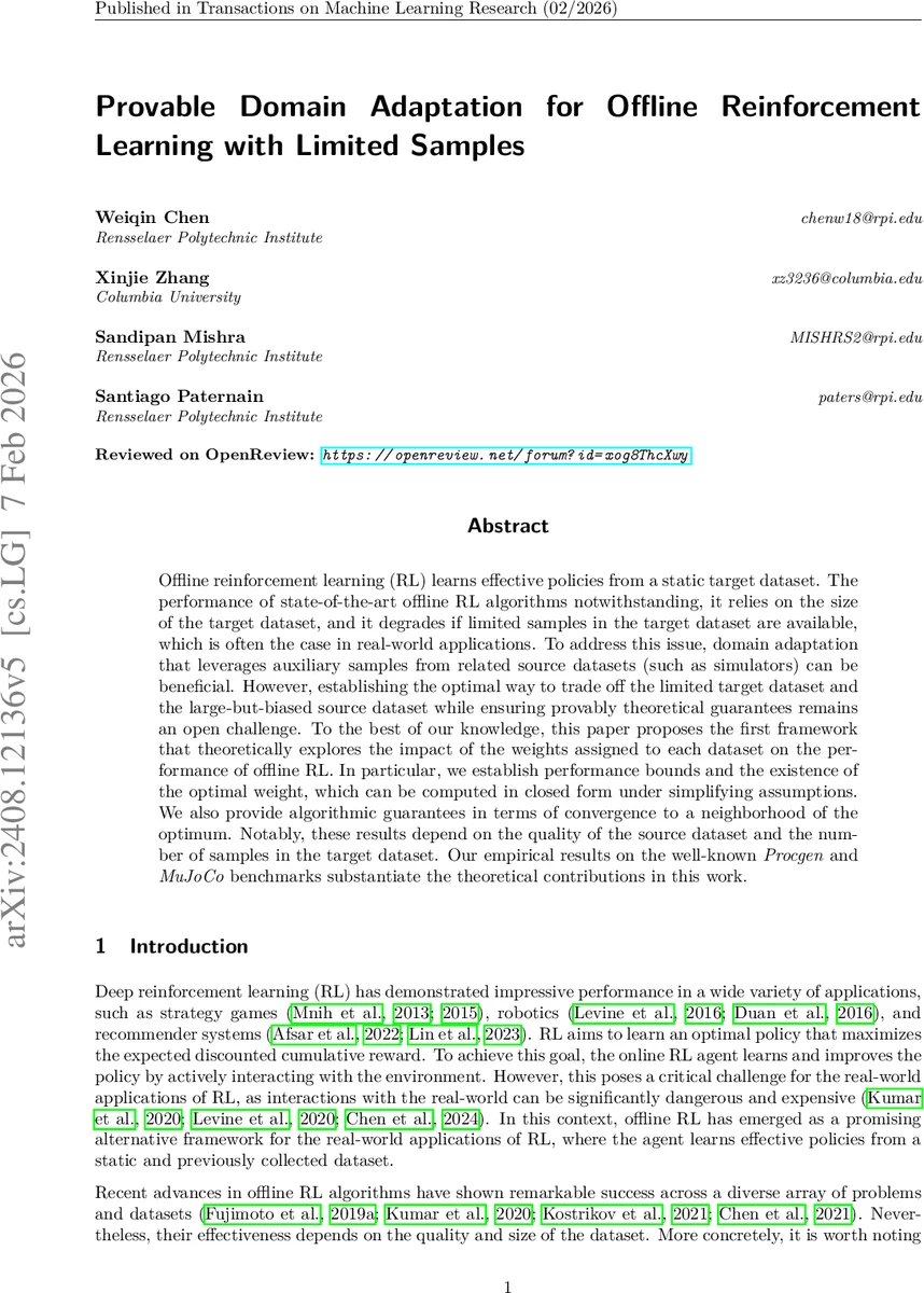 Provable Domain Adaptation for Offline Reinforcement Learning with Limited Samples