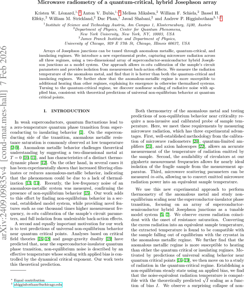 Microwave radiometry of a quantum-critical, hybrid Josephson array