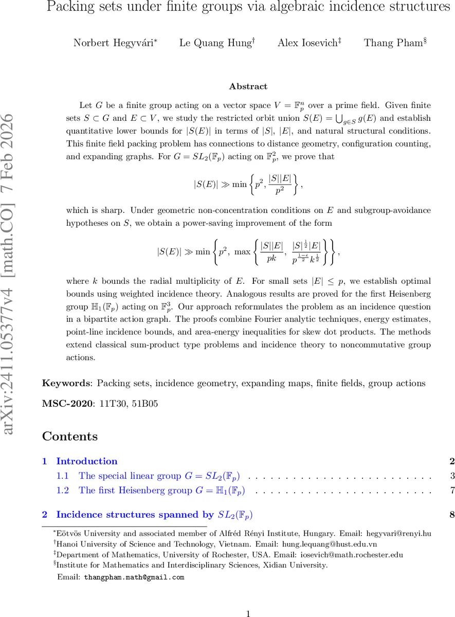 Packing sets under finite groups via algebraic incidence structures