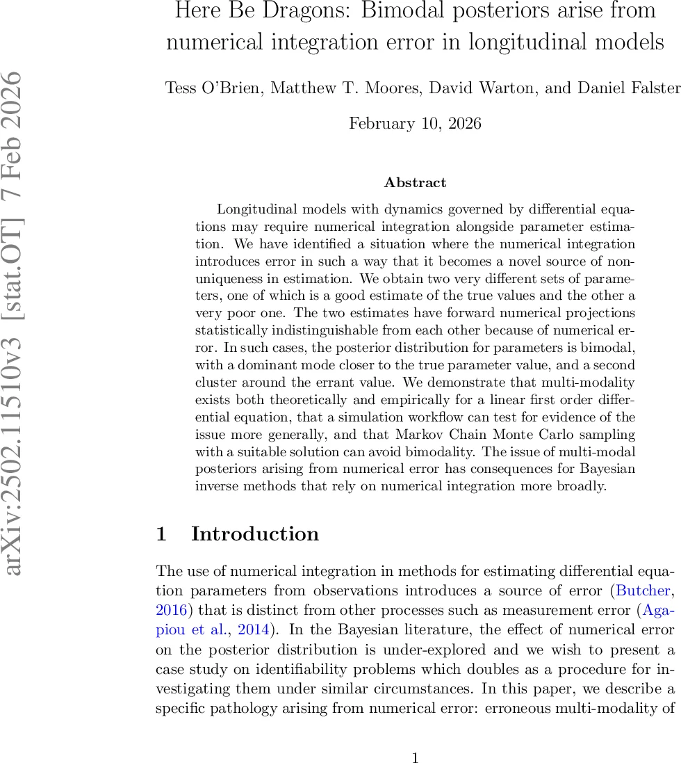 Here Be Dragons: Bimodal posteriors arise from numerical integration error in longitudinal models