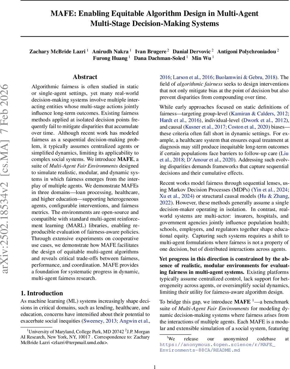 MAFE: Enabling Equitable Algorithm Design in Multi-Agent Multi-Stage Decision-Making Systems