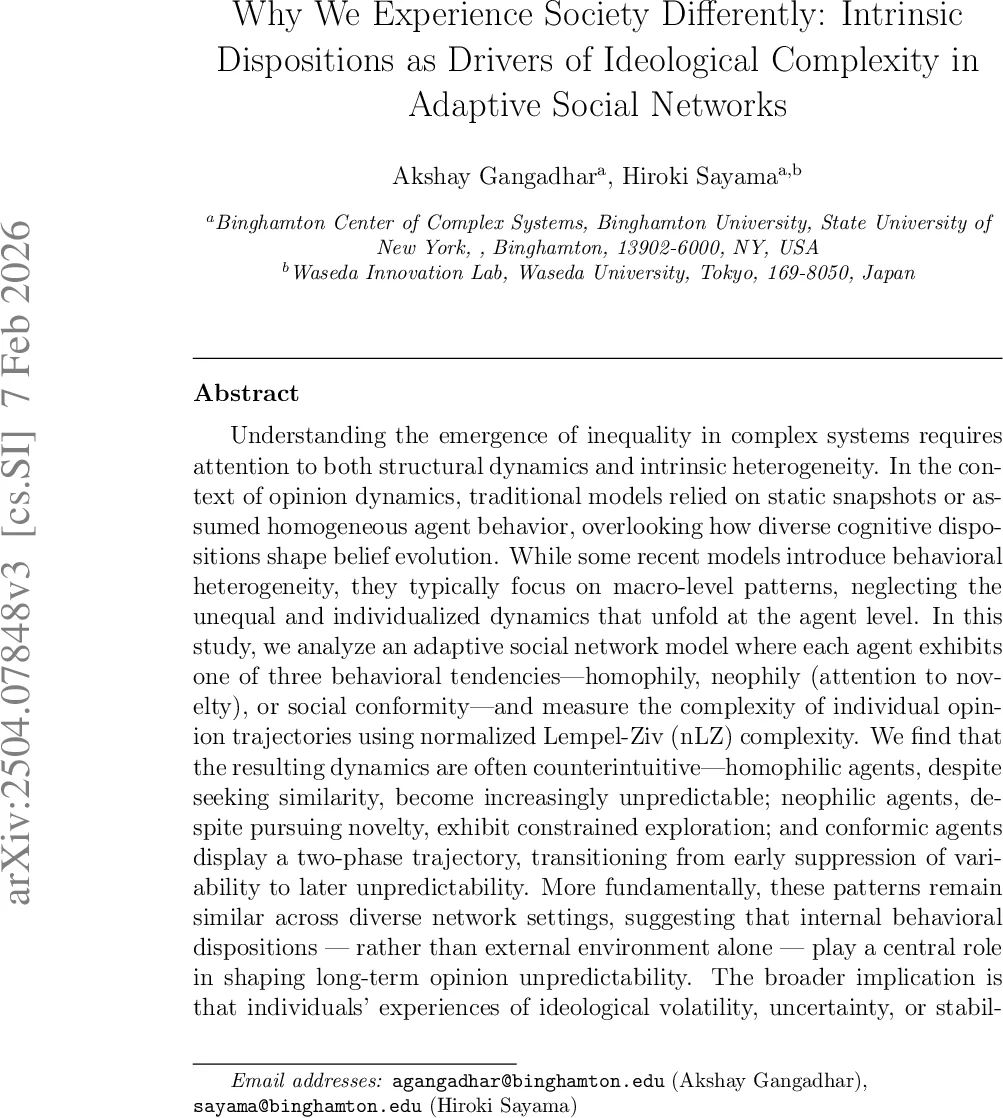 Why We Experience Society Differently: Intrinsic Dispositions as Drivers of Ideological Complexity in Adaptive Social Networks
