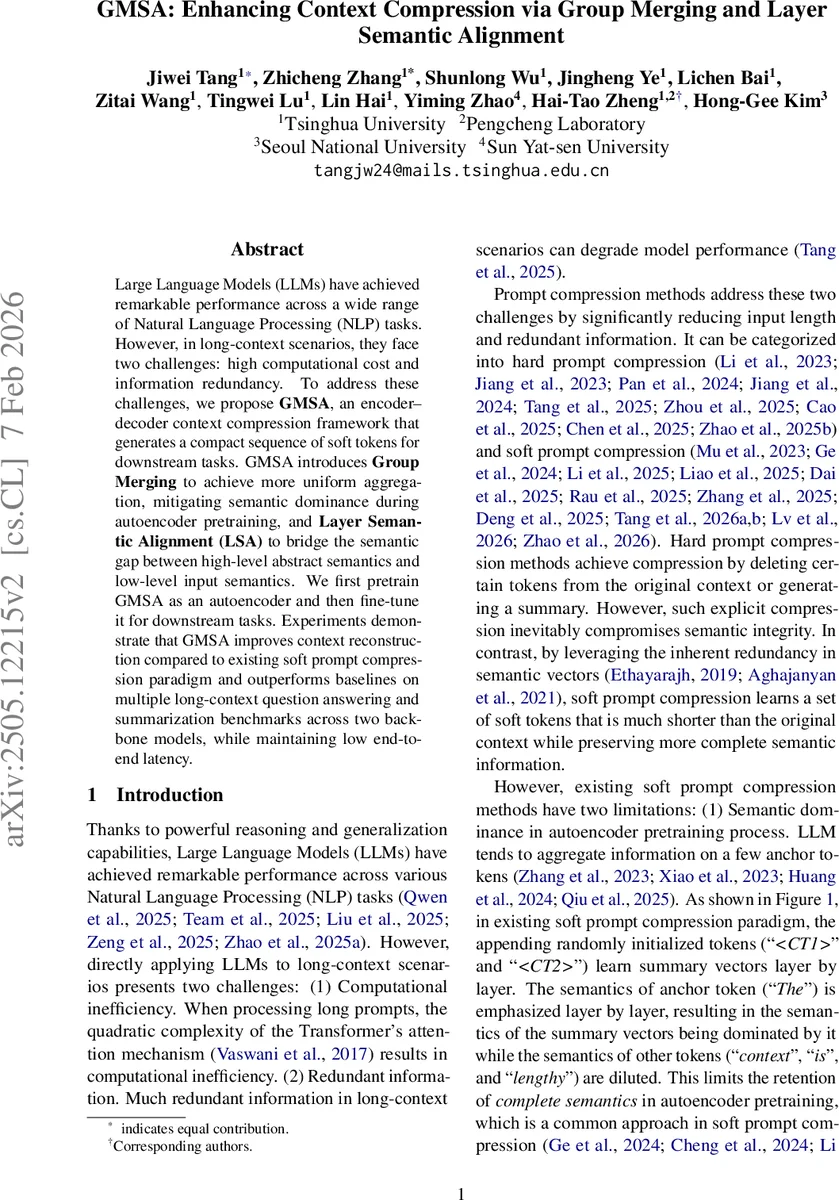GMSA: Enhancing Context Compression via Group Merging and Layer Semantic Alignment