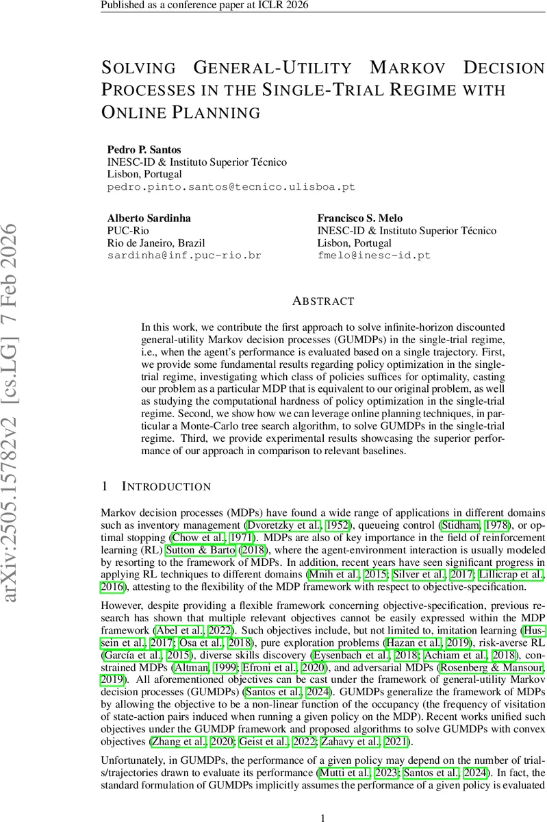 Solving General-Utility Markov Decision Processes in the Single-Trial Regime with Online Planning