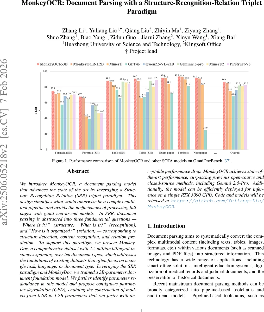 MonkeyOCR: Document Parsing with a Structure-Recognition-Relation Triplet Paradigm