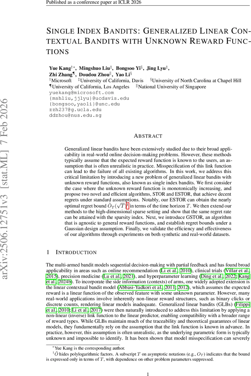 Single Index Bandits: Generalized Linear Contextual Bandits with Unknown Reward Functions
