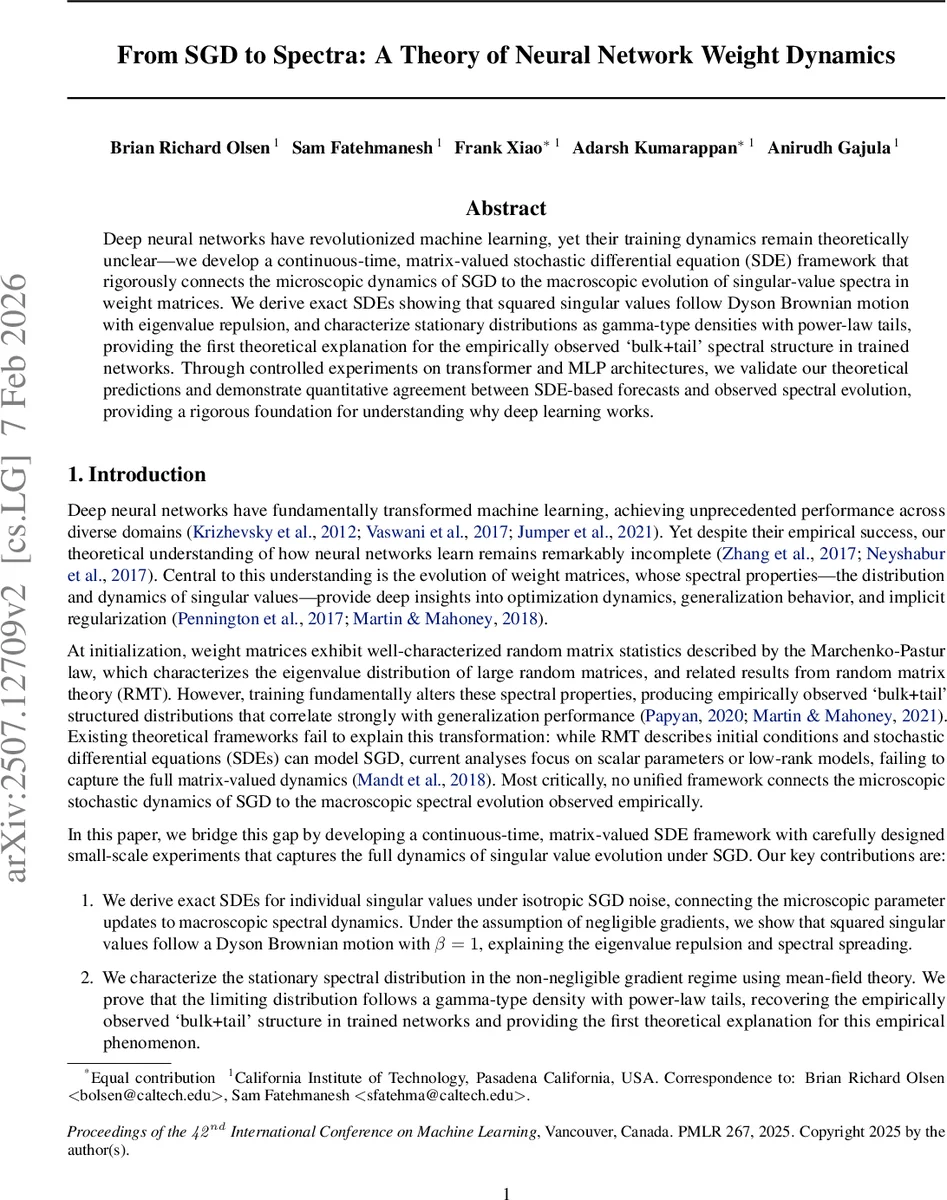 From SGD to Spectra: A Theory of Neural Network Weight Dynamics