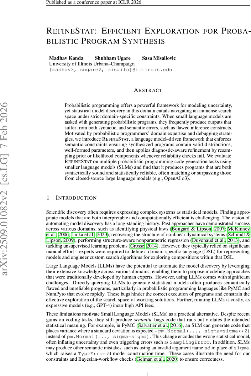 RefineStat: Efficient Exploration for Probabilistic Program Synthesis