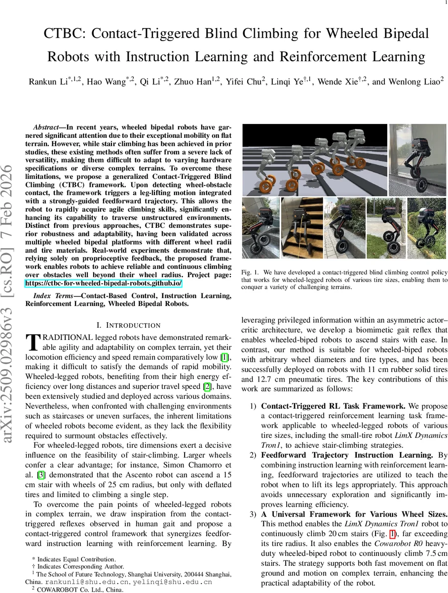CTBC: Contact-Triggered Blind Climbing for Wheeled Bipedal Robots with Instruction Learning and Reinforcement Learning