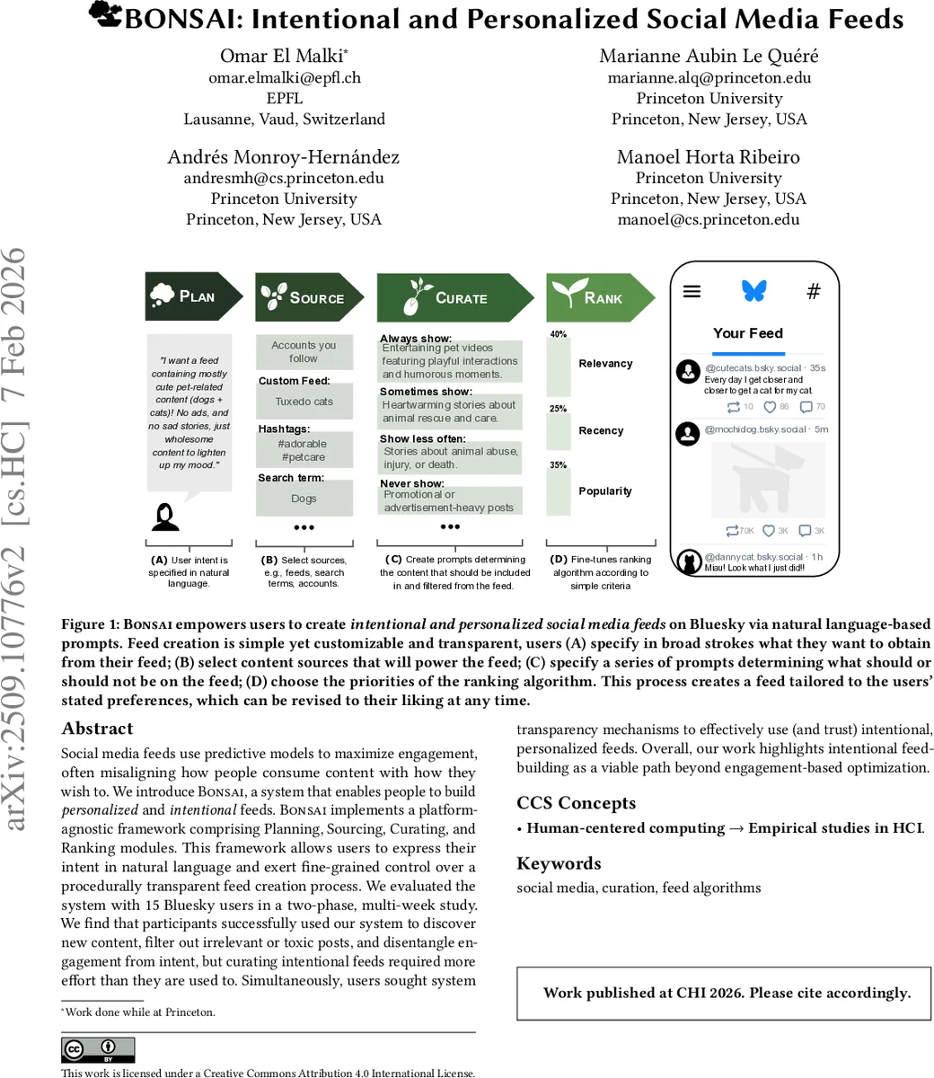 Bonsai: Intentional and Personalized Social Media Feeds