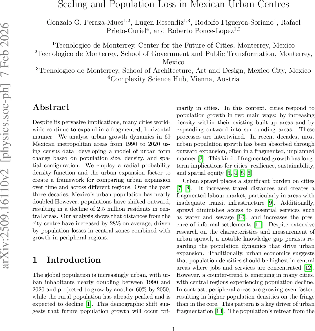 Scaling and Population Loss in Mexican Urban Centres