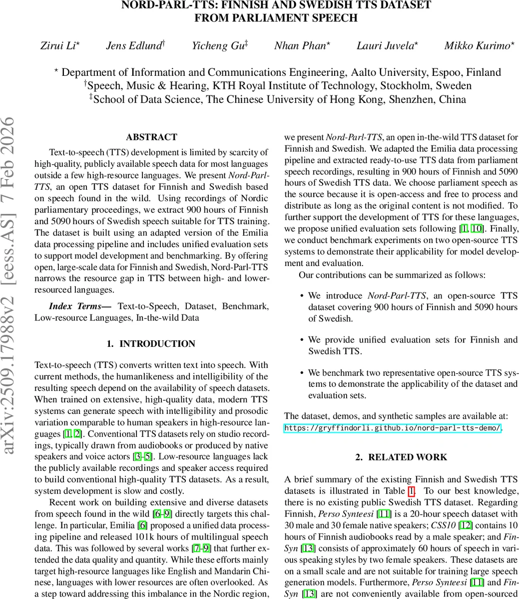 Nord-Parl-TTS: Finnish and Swedish TTS Dataset from Parliament Speech