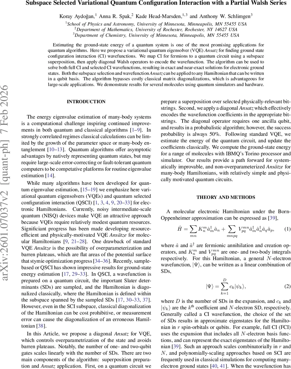 Subspace Selected Variational Quantum Configuration Interaction with a Partial Walsh Series