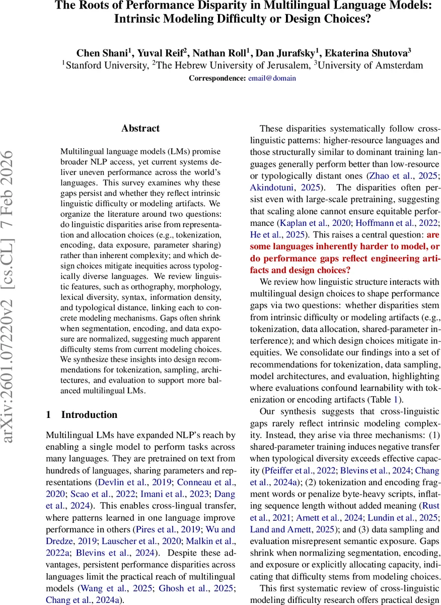 The Roots of Performance Disparity in Multilingual Language Models: Intrinsic Modeling Difficulty or Design Choices?