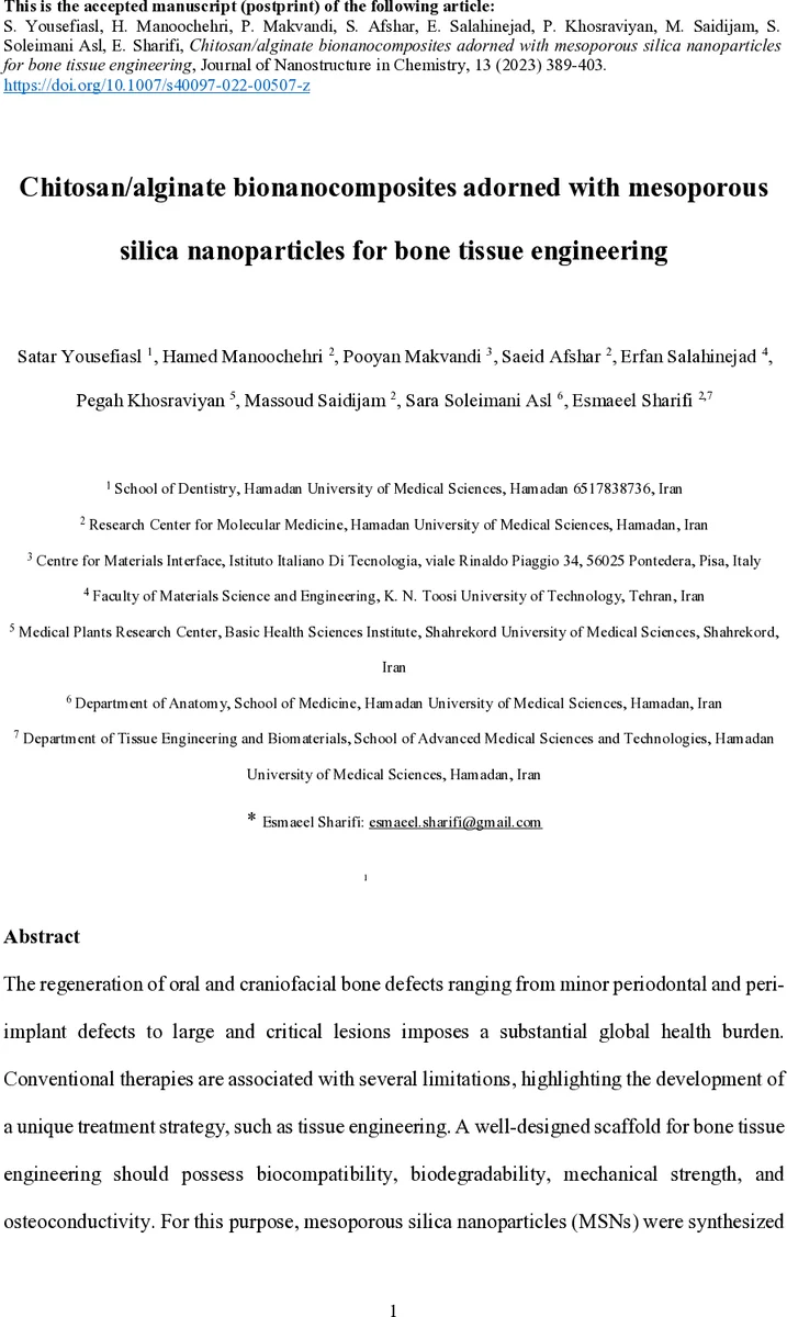 Chitosan/alginate bionanocomposites adorned with mesoporous silica nanoparticles for bone tissue engineering