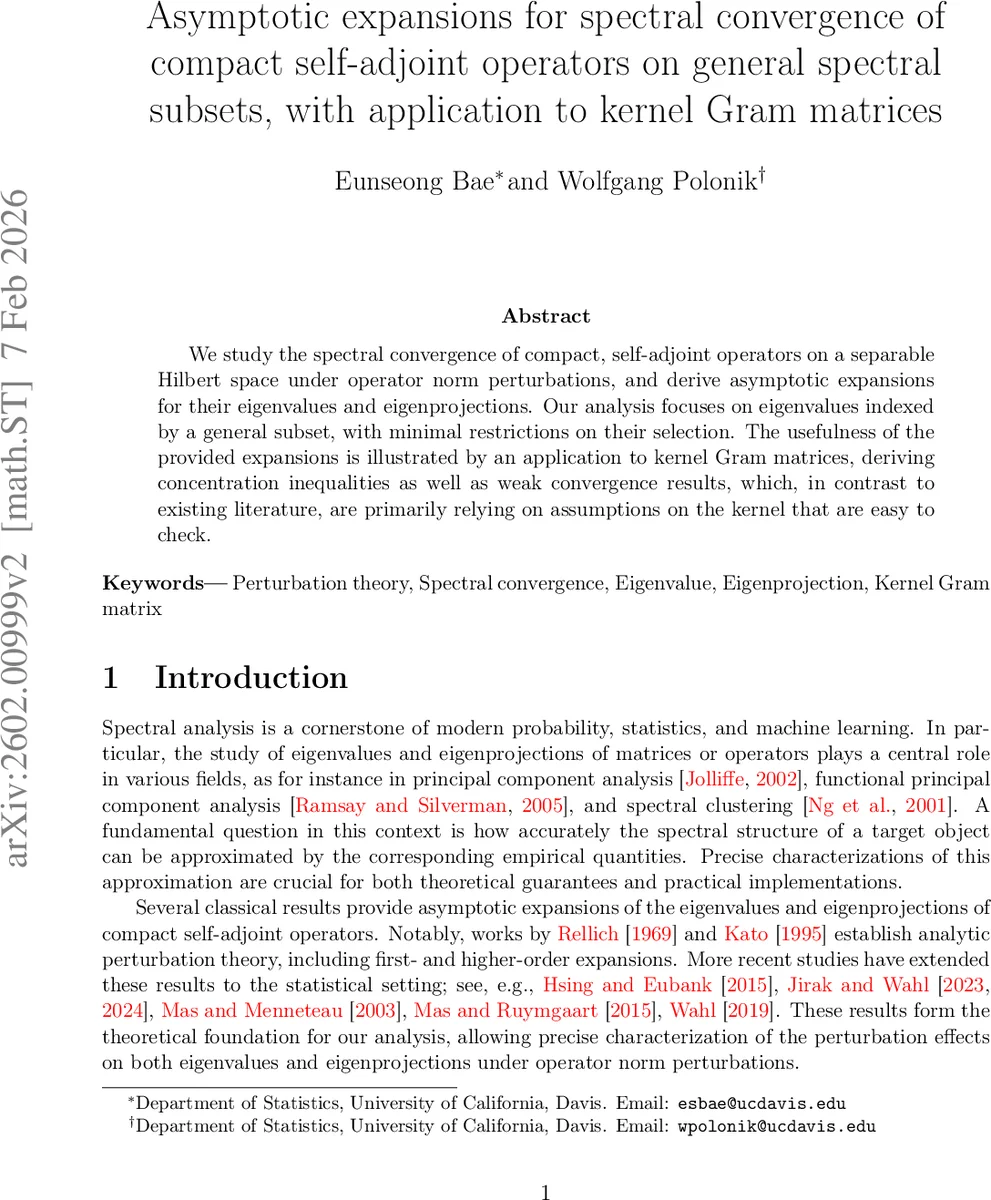 Asymptotic expansions for spectral convergence of compact self-adjoint operators on general spectral subsets, with application to kernel Gram matrices