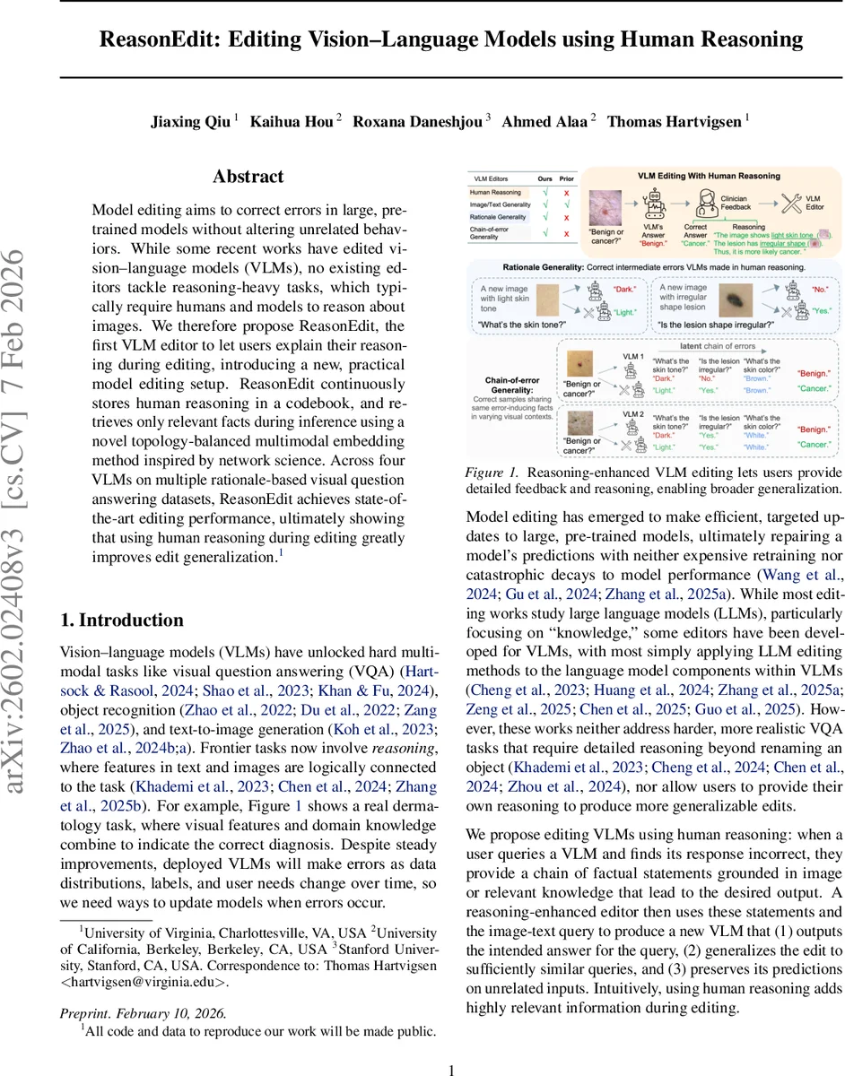 ReasonEdit: Editing Vision-Language Models using Human Reasoning