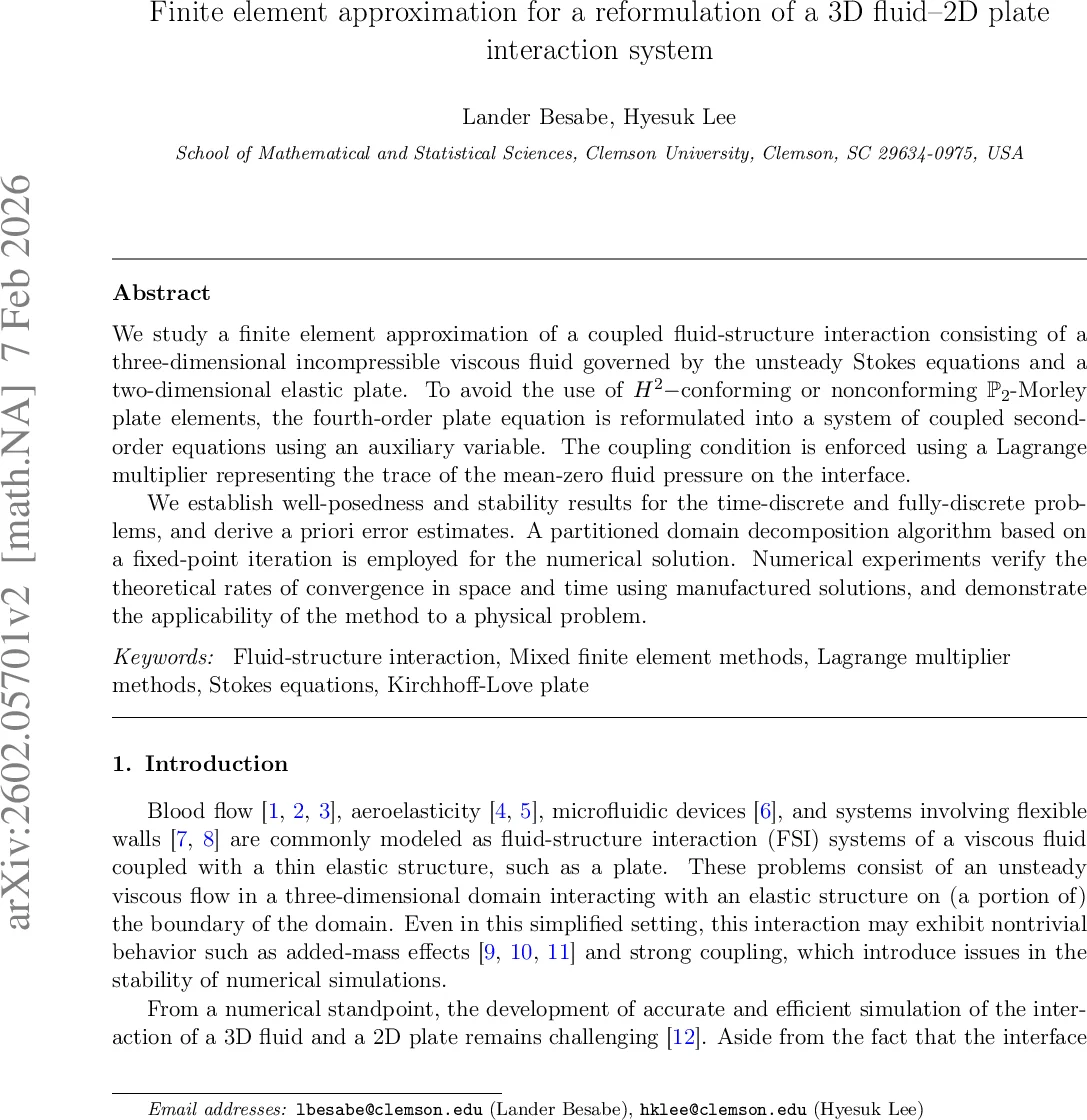 Finite element approximation for a reformulation of a 3D fluid-2D plate interaction system
