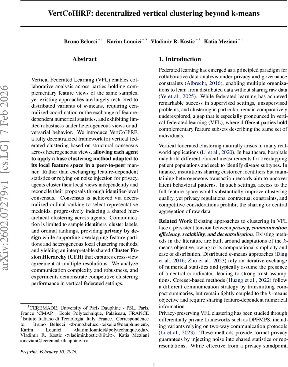 VertCoHiRF: Decentralized Vertical Clustering Beyond k-means