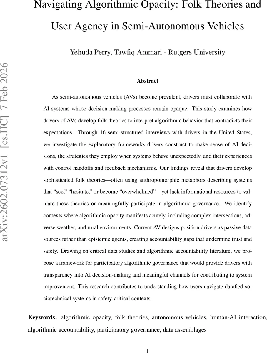 Navigating Algorithmic Opacity: Folk Theories and User Agency in Semi-Autonomous Vehicles