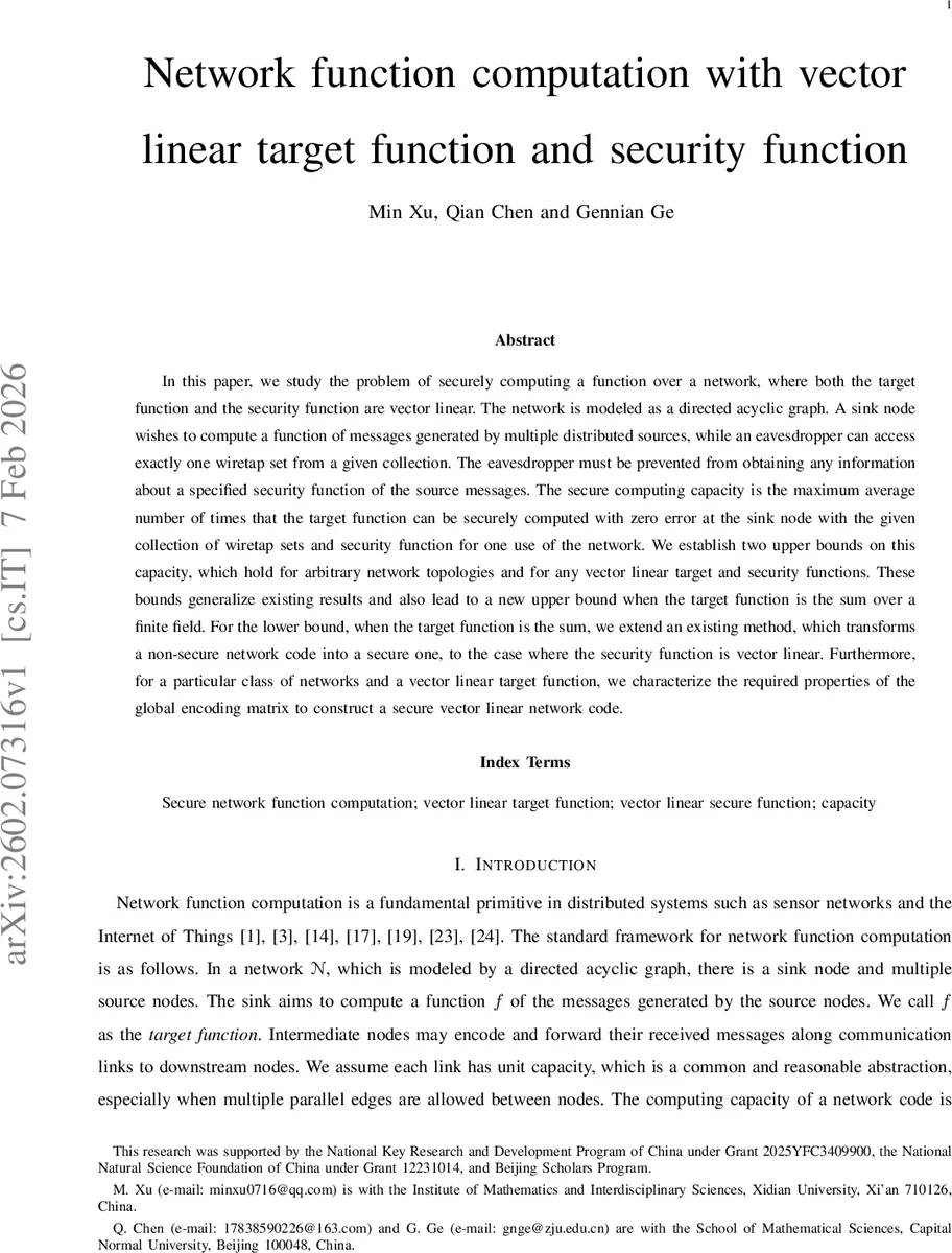 Network function computation with vector linear target function and security function