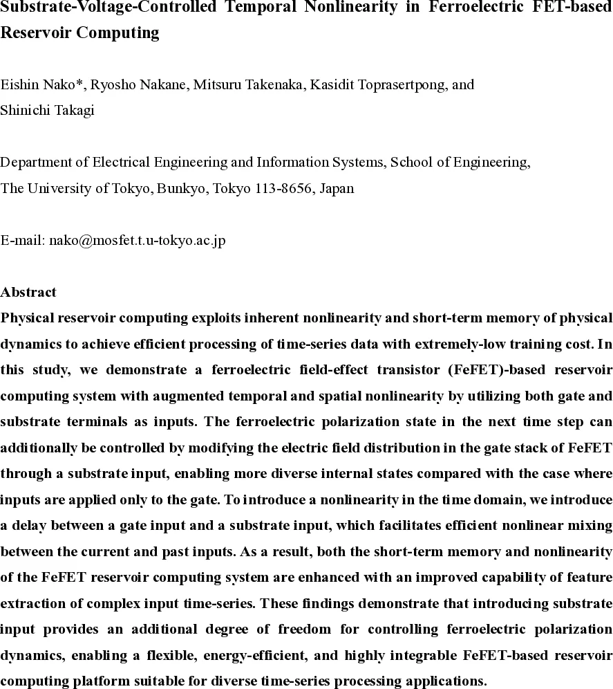Substrate-Voltage-Controlled Temporal Nonlinearity in Ferroelectric FET-based Reservoir Computing