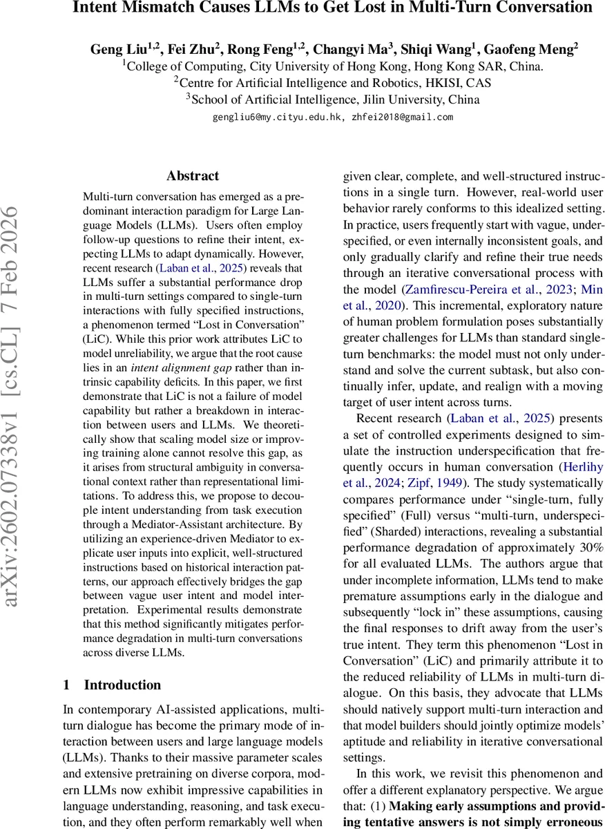 Intent Mismatch Causes LLMs to Get Lost in Multi-Turn Conversation