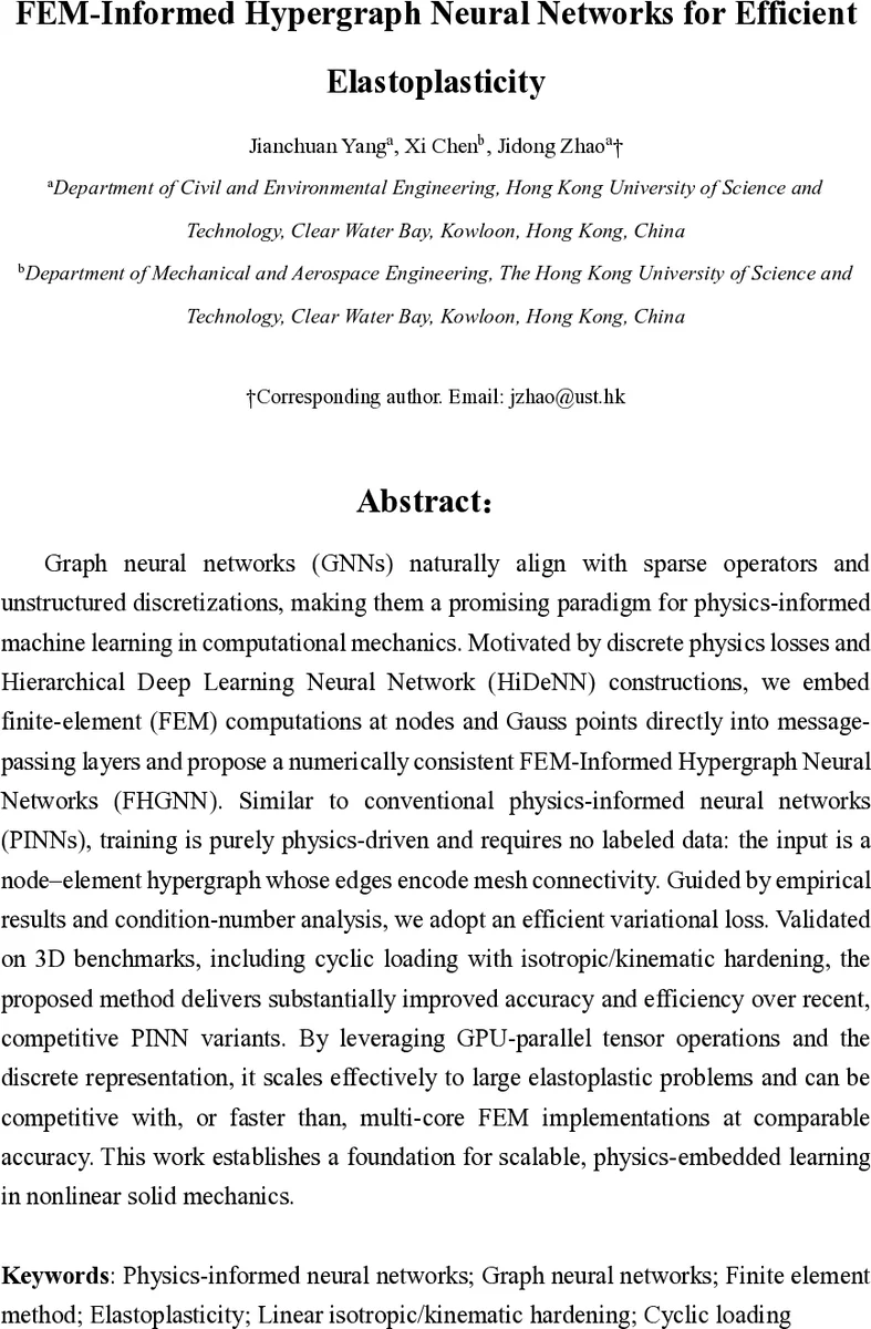 FEM-Informed Hypergraph Neural Networks for Efficient Elastoplasticity