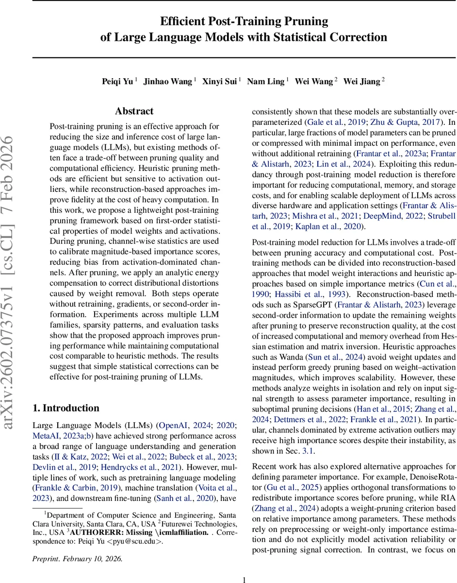 Efficient Post-Training Pruning of Large Language Models with Statistical Correction