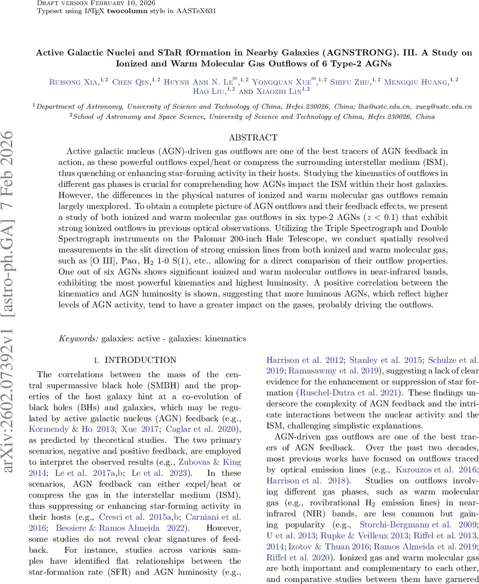 Active Galactic Nuclei and STaR fOrmation in Nearby Galaxies AGNSTRONG. III. A Study on Ionized and Warm Molecular Gas Outflows of 6 Type-2 AGNs