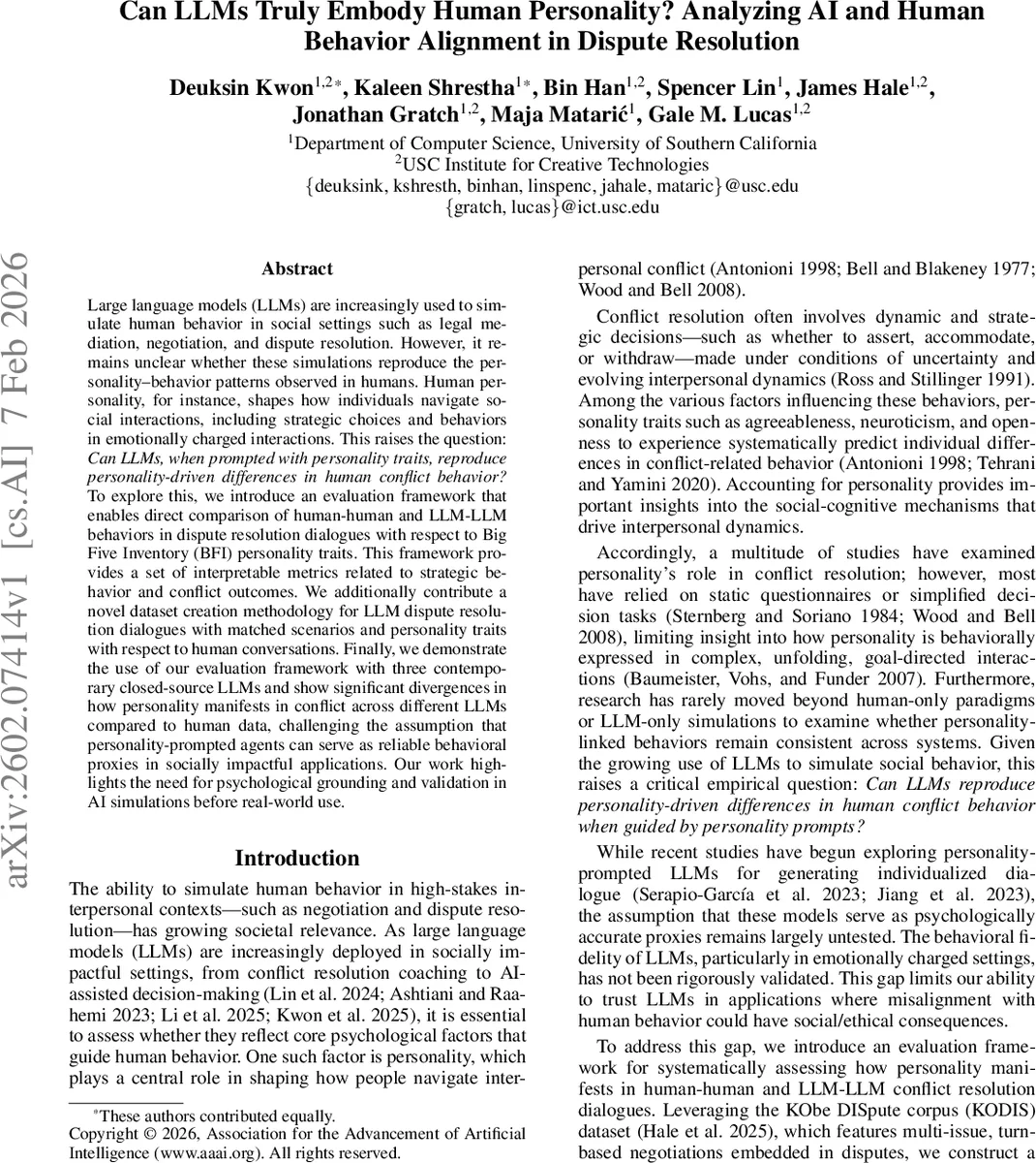 Can LLMs Truly Embody Human Personality? Analyzing AI and Human Behavior Alignment in Dispute Resolution