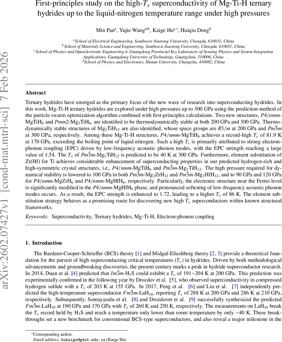 First-principles study on the high-$T_	ext{c}$ superconductivity of Mg-Ti-H ternary hydrides up to the liquid-nitrogen temperature range under high pressures