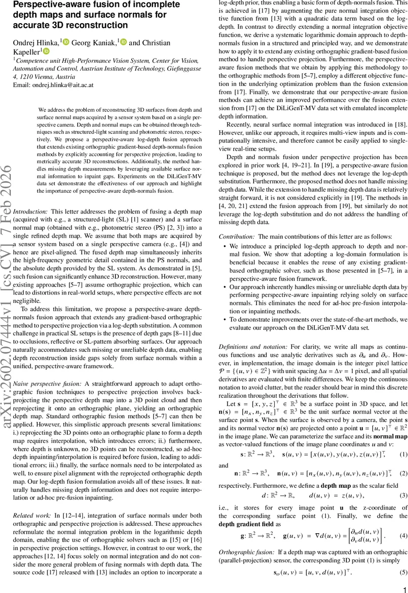 Perspective-aware fusion of incomplete depth maps and surface normals for accurate 3D reconstruction