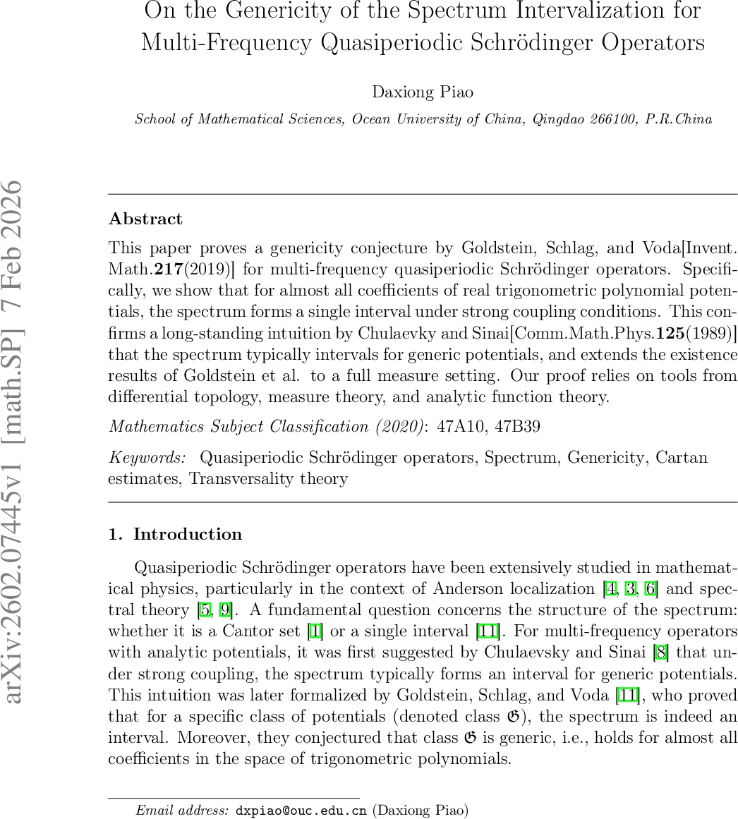 On the Genericity of the Spectrum Intervalization for Multi-Frequency Quasiperiodic Schrödinger Operators