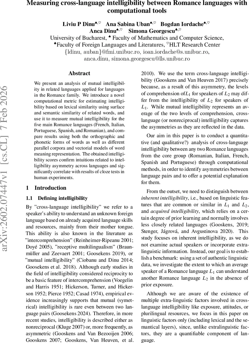 Measuring cross-language intelligibility between Romance languages with computational tools