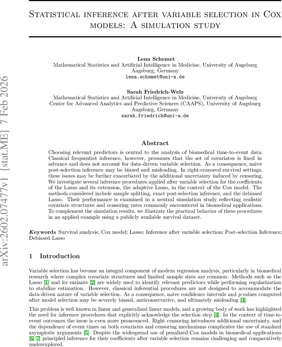 Statistical inference after variable selection in Cox models: A simulation study