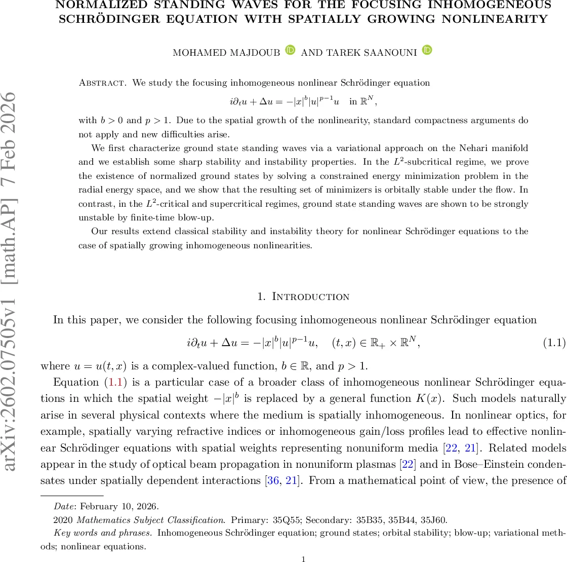 Normalized Standing Waves for the Focusing Inhomogeneous Schrödinger Equation with Spatially Growing Nonlinearity