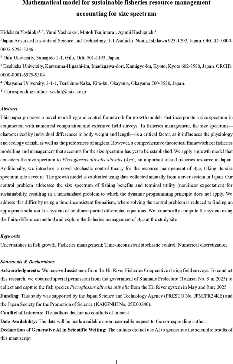 Mathematical model for sustainable fisheries resource management accounting for size spectrum