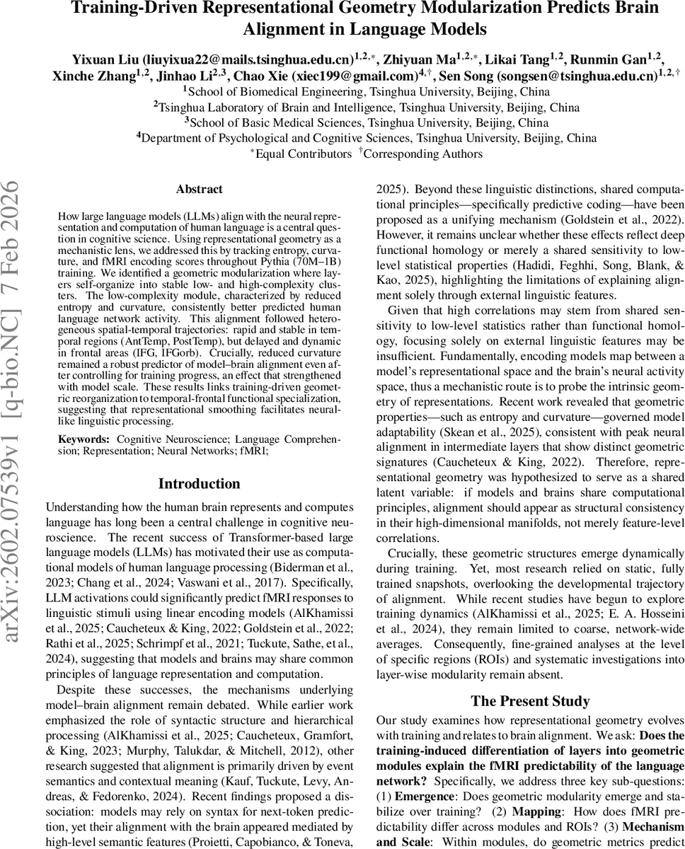 Training-Driven Representational Geometry Modularization Predicts Brain Alignment in Language Models