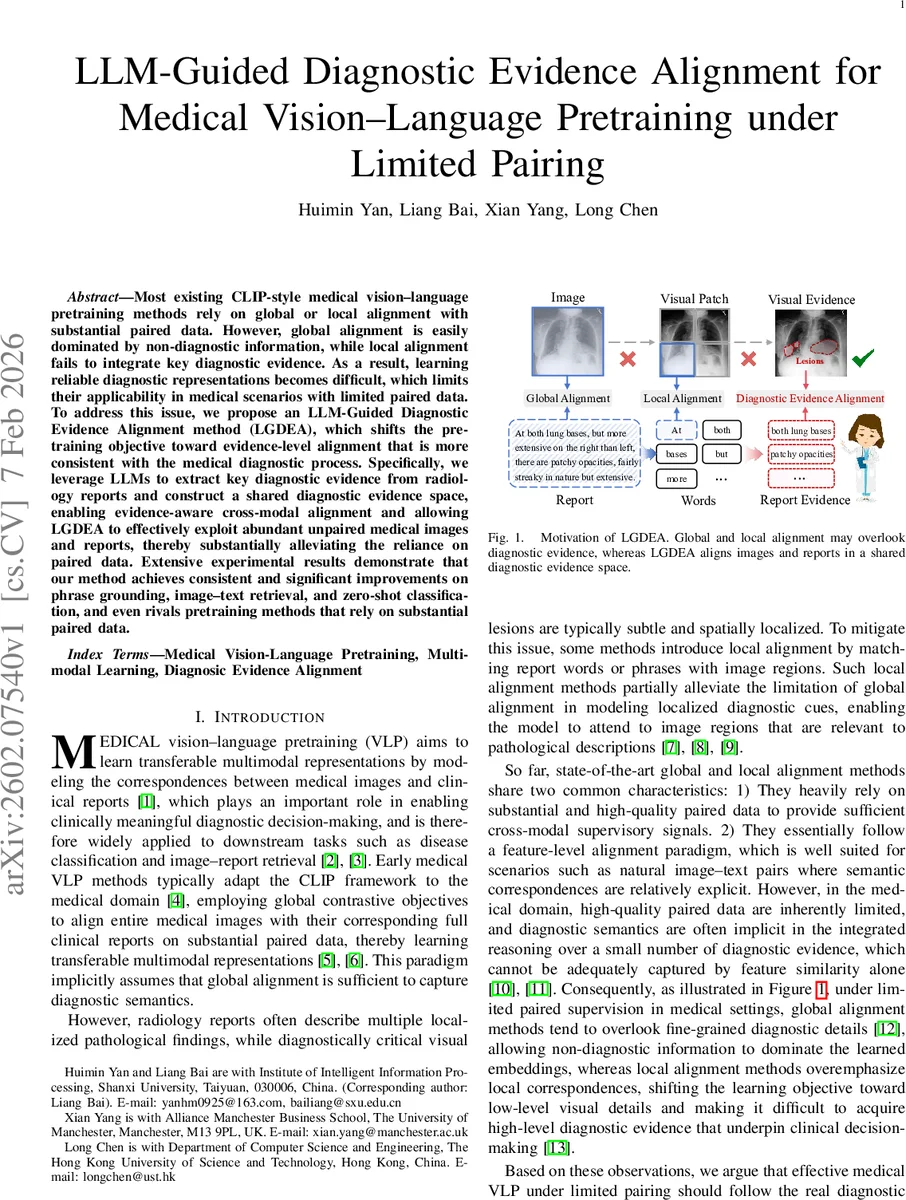 LLM-Guided Diagnostic Evidence Alignment for Medical Vision-Language Pretraining under Limited Pairing
