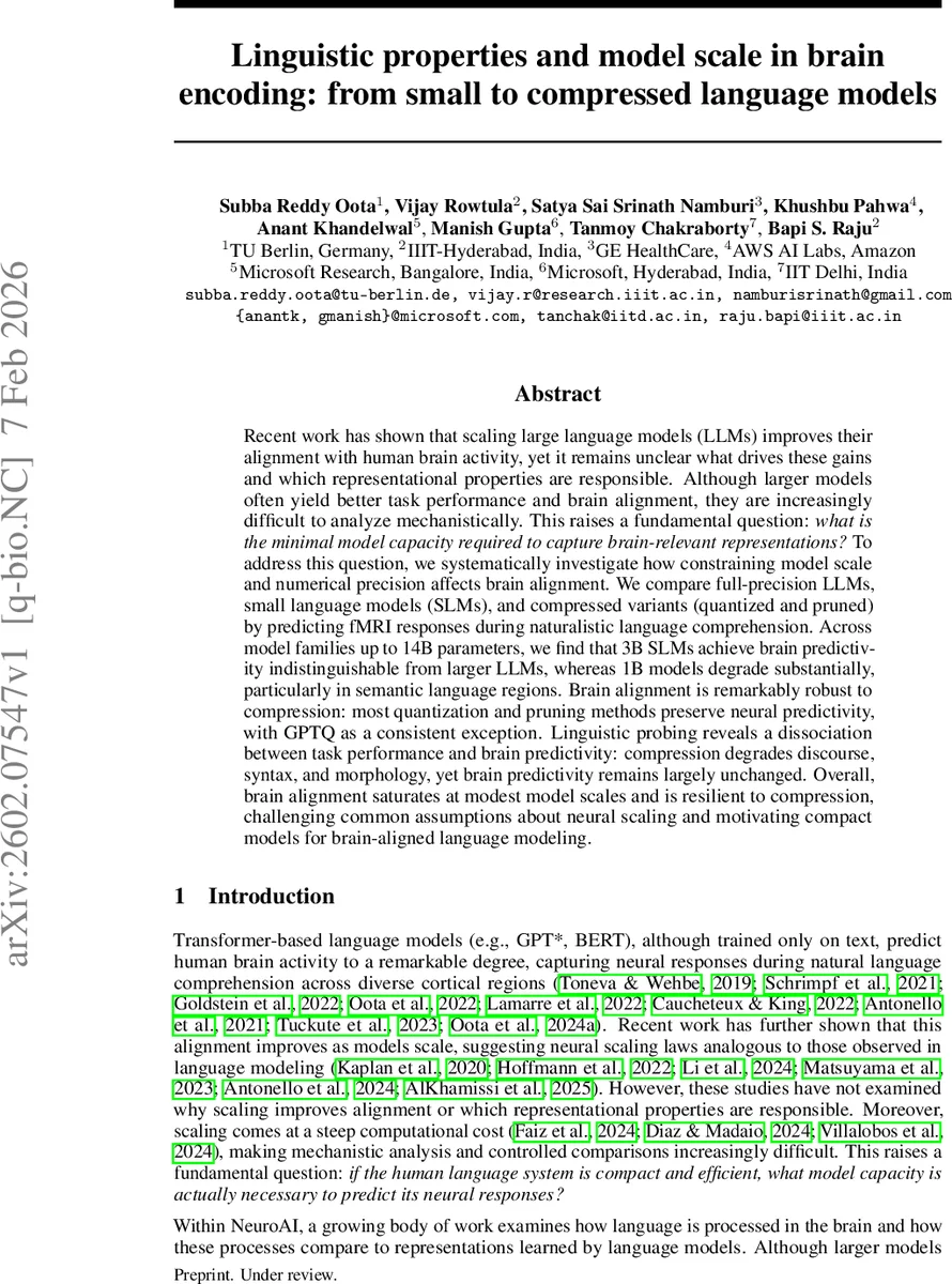 Linguistic properties and model scale in brain encoding: from small to compressed language models