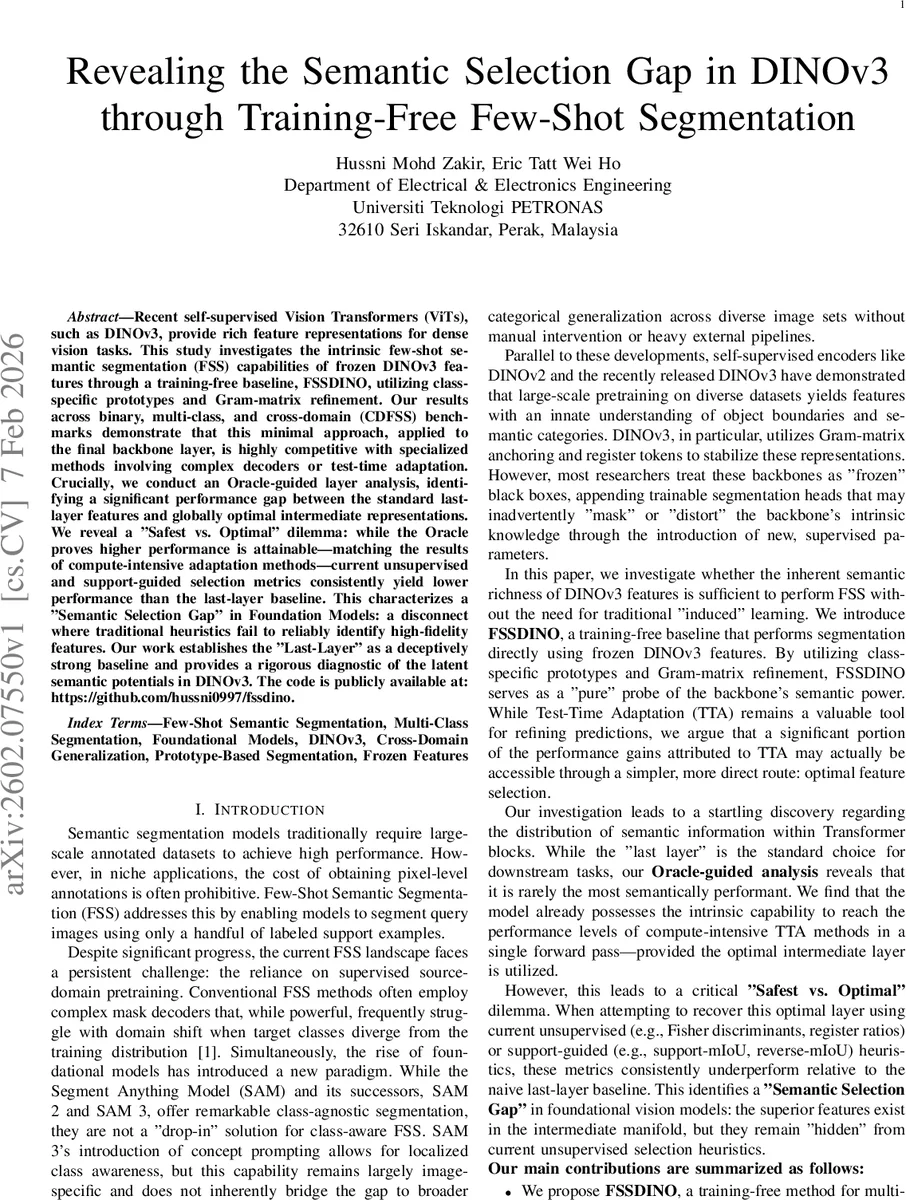 Revealing the Semantic Selection Gap in DINOv3 through Training-Free Few-Shot Segmentation