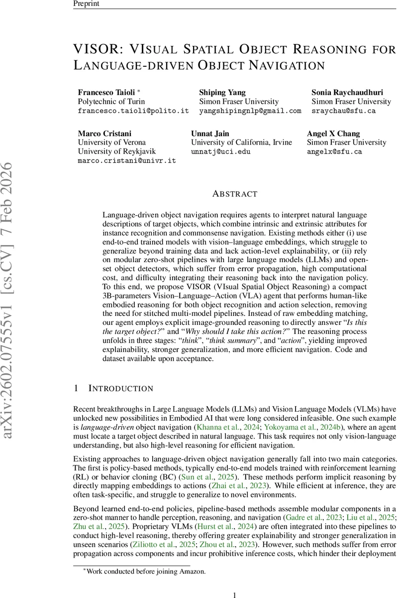 VISOR: VIsual Spatial Object Reasoning for Language-driven Object Navigation