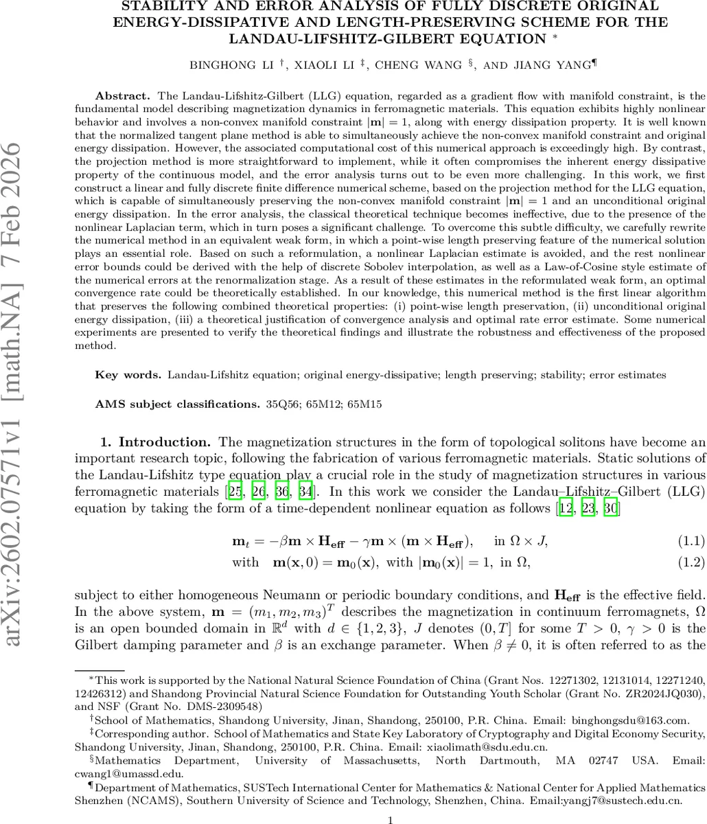 Stability and error analysis of fully discrete original energy-dissipative and length-preserving scheme for the Landau-Lifshitz-Gilbert equation
