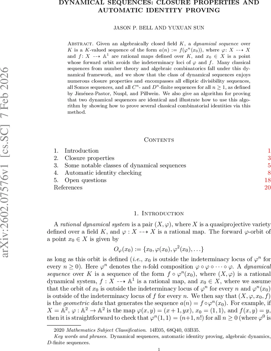 Dynamical sequences: closure properties and automatic identity proving