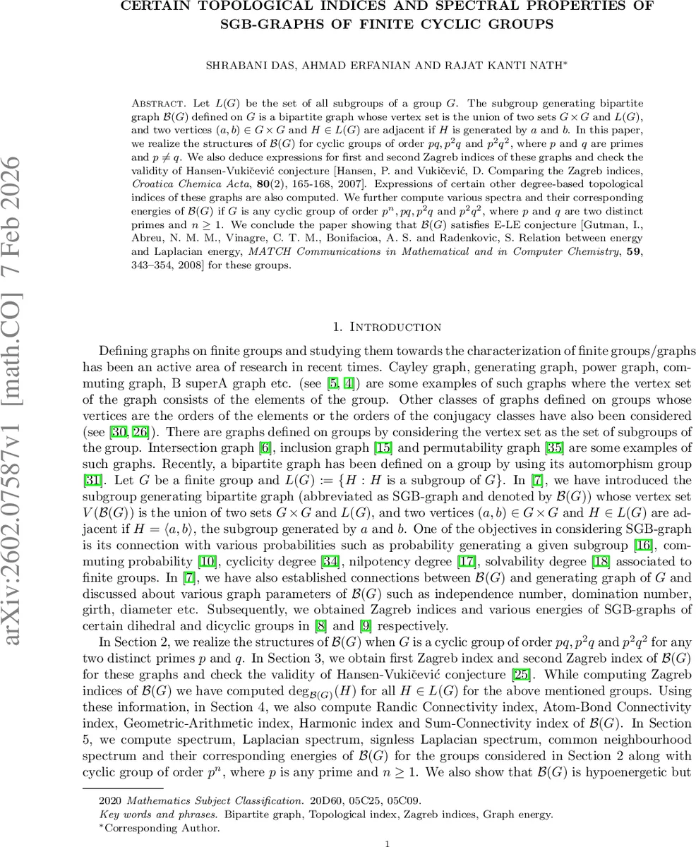 Certain topological indices and spectral properties of SGB-graphs of finite cyclic groups