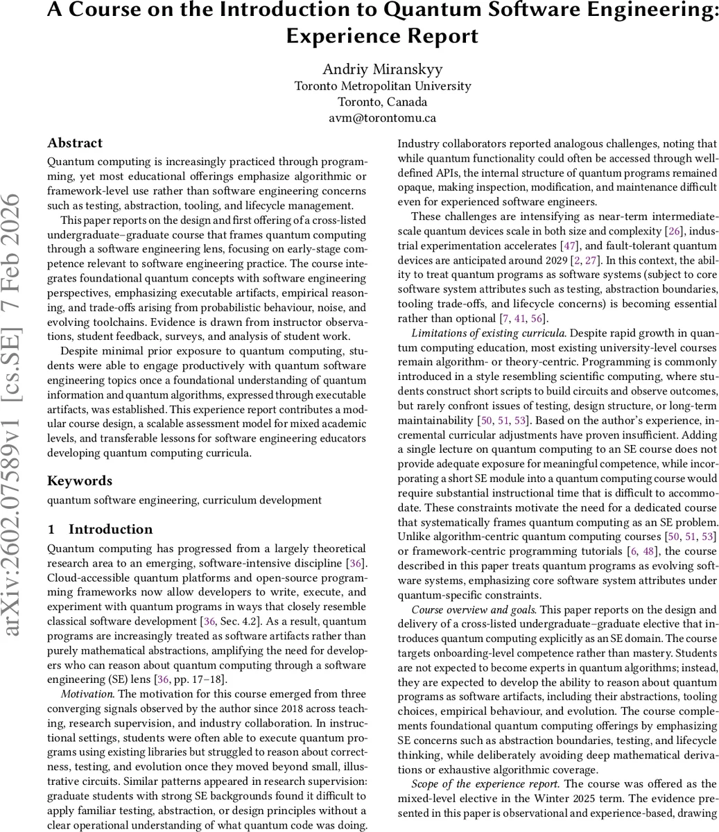 A Course on the Introduction to Quantum Software Engineering: Experience Report