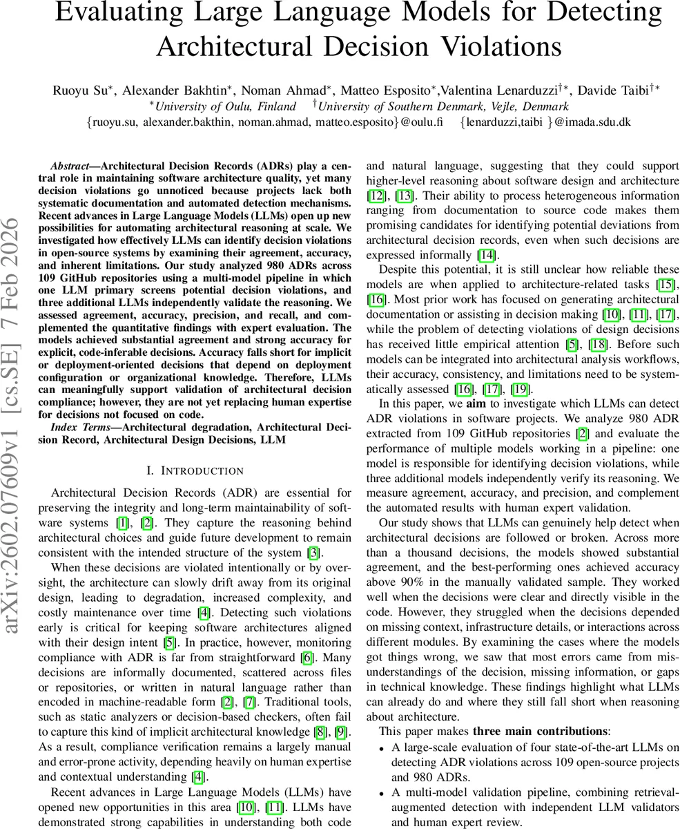 Evaluating Large Language Models for Detecting Architectural Decision Violations