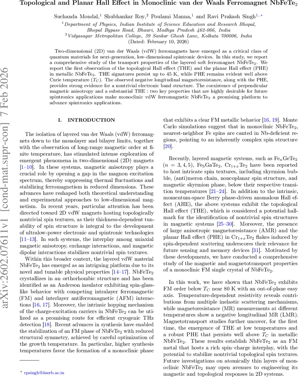 Topological and Planar Hall Effect in Monoclinic van der Waals Ferromagnet NbFeTe$_2$