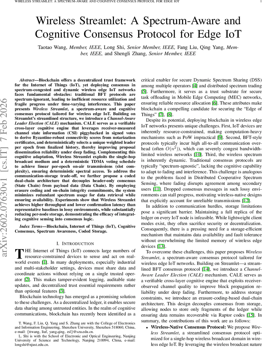 Wireless Streamlet: A Spectrum-Aware and Cognitive Consensus Protocol for Edge IoT